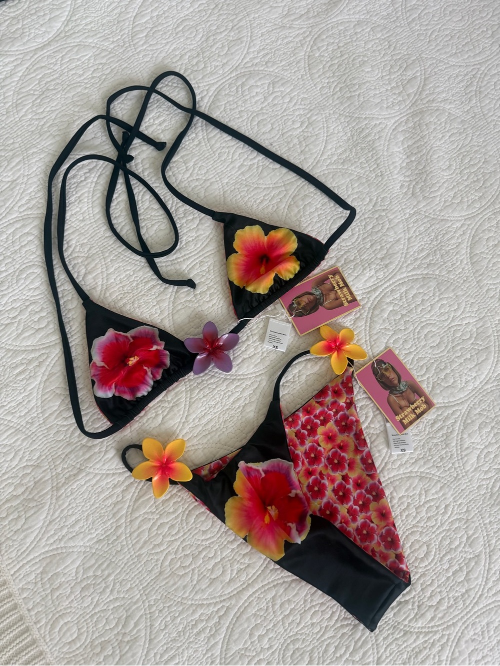 Strawberry Milk Mob Black Bikini with Red, Pink & Yellow Hibiscus